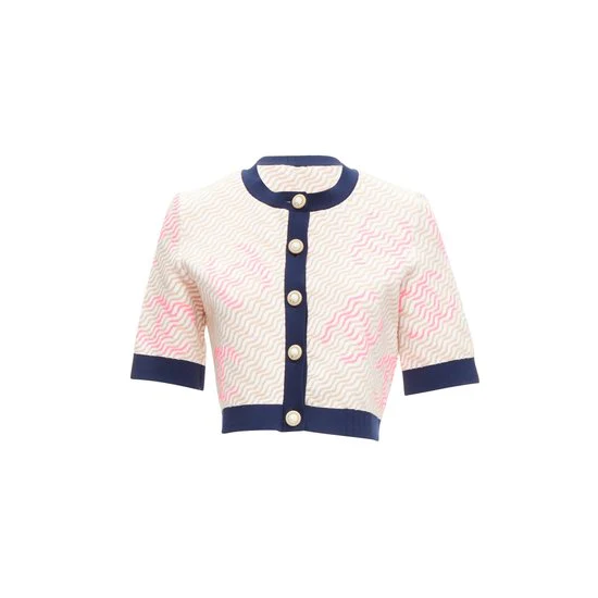 Chanel Pink Applique Logo Twirl Seashell Button Cropped Cardigan
