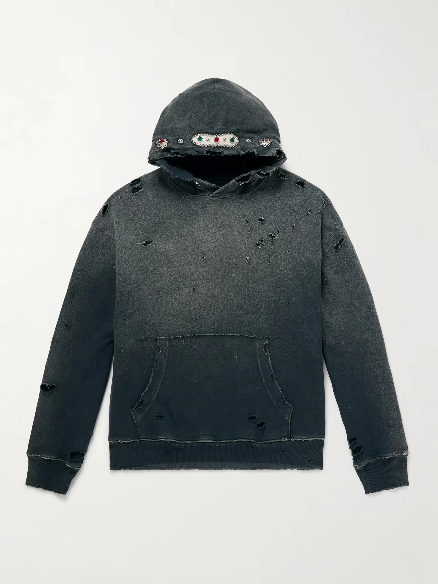 KAPITAL
Embellished Suede-Trimmed Distressed Cotton-Jersey Hoodie