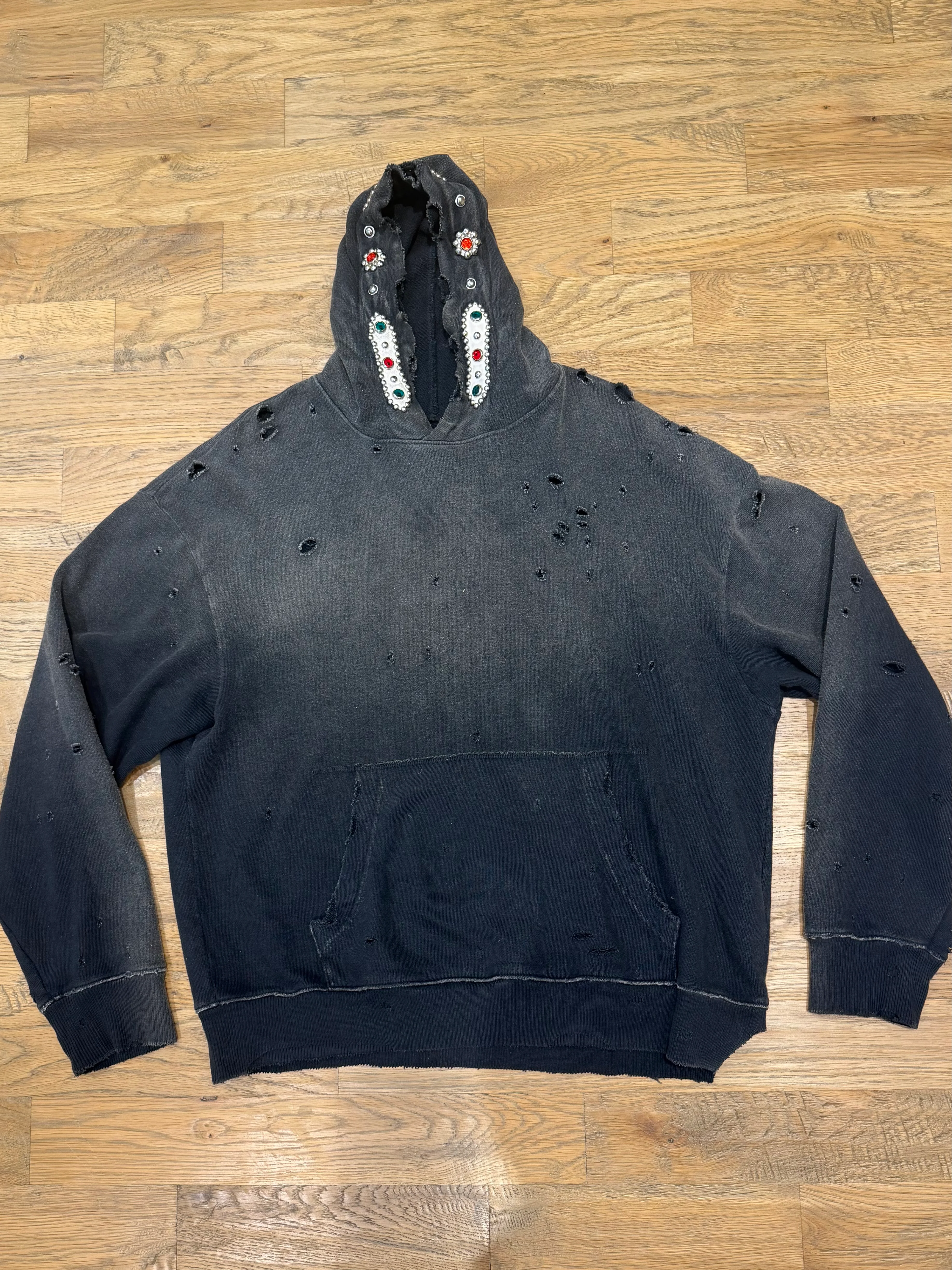 KAPITAL
Embellished Suede-Trimmed Distressed Cotton-Jersey Hoodie - Image 3