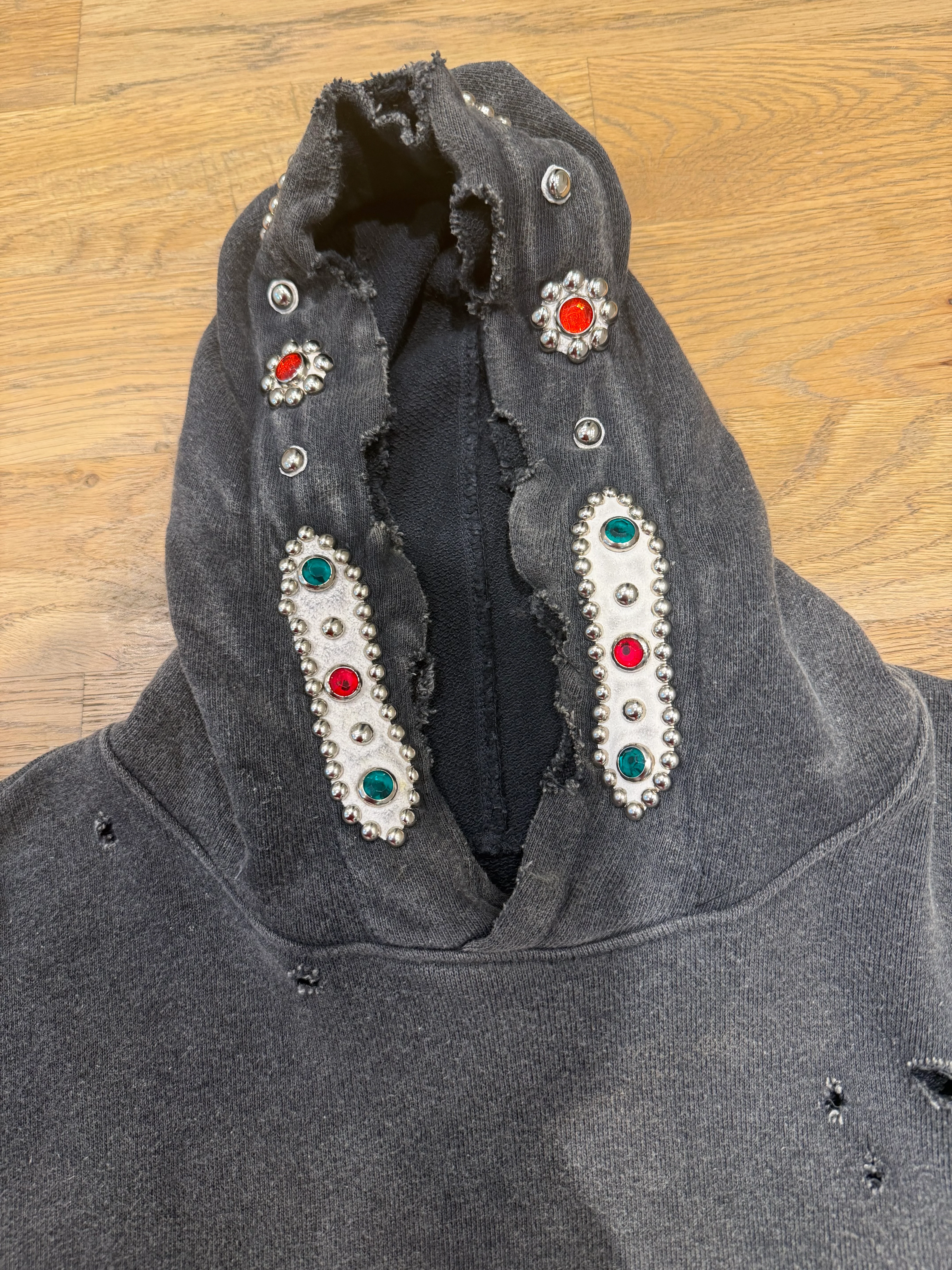KAPITAL
Embellished Suede-Trimmed Distressed Cotton-Jersey Hoodie - Image 4