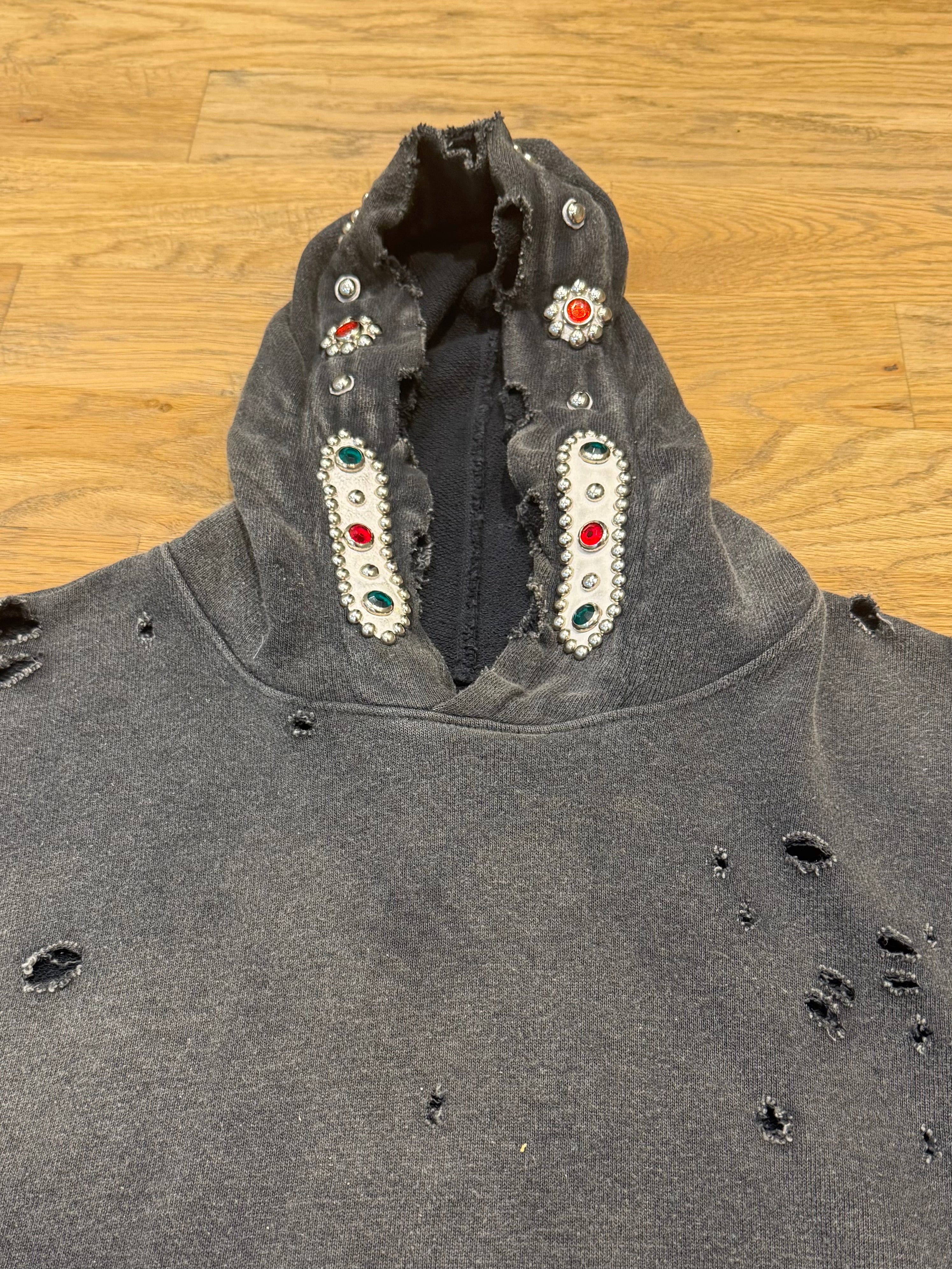 KAPITAL
Embellished Suede-Trimmed Distressed Cotton-Jersey Hoodie - Image 5