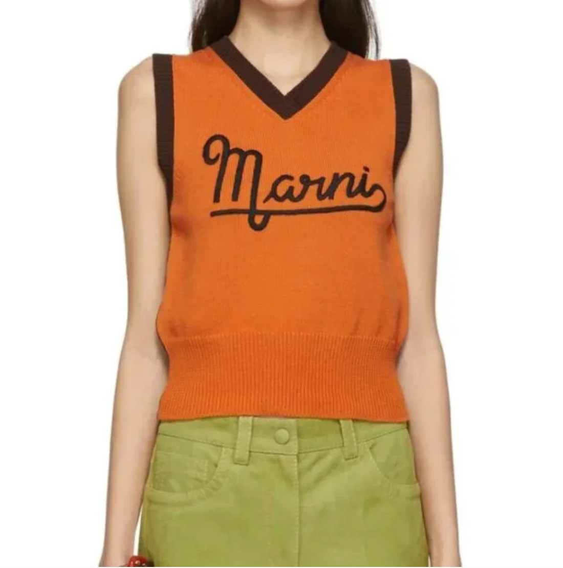 Marni Orange & Brown Logo V-Neck Sweater