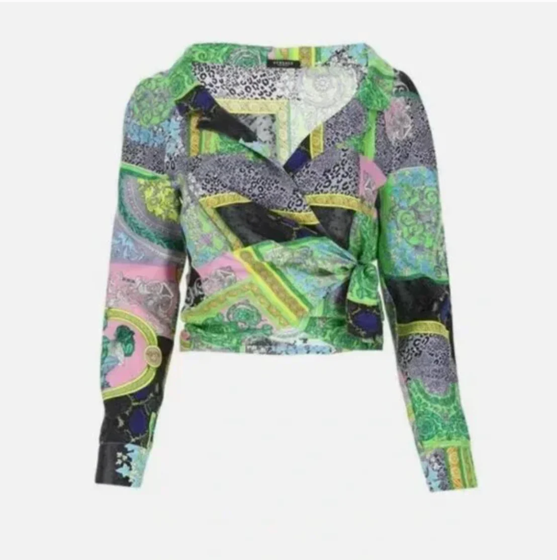 Versace Barocco tie front wrap silk top