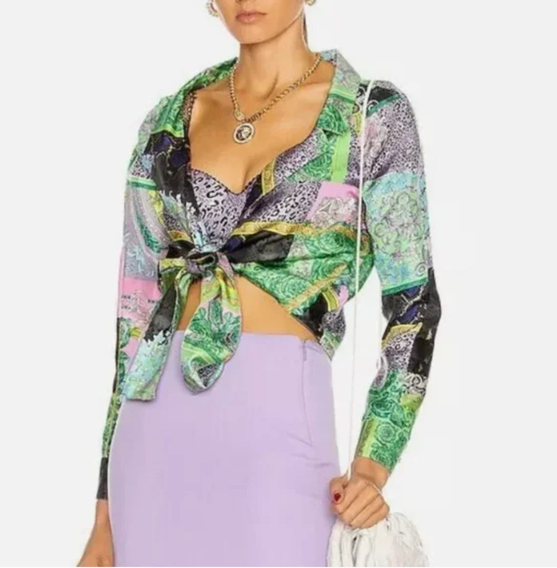 Versace Barocco tie front wrap silk top - Image 2